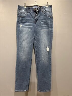 Democracy Ab Solution Distressed straight leg jeans, sz 8 light wash